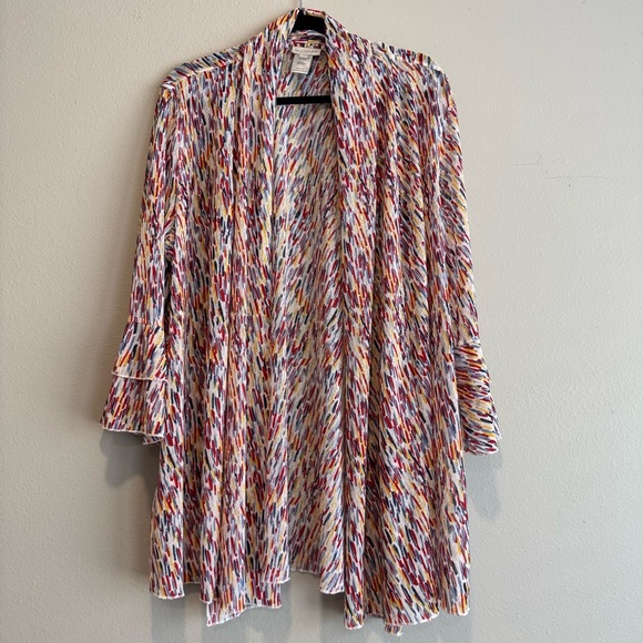 Multiples Colorful Patterned Open Front Mesh Cardigan Artsy Flare Sleeves 1X - Picture 1 of 6